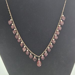 *Sale* Silver Tone Red Heart Shaped Glass Dangling Beaded Necklace 14"